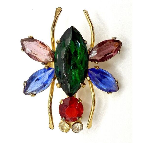 Vintage CORO Pegasus STERLING 925 Vermeil Rhinestone Cabochon Bug Insect Brooch - Picture 1 of 4